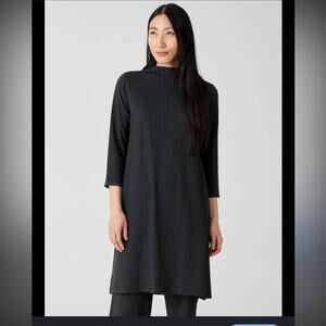 EILEEN FISHER washable stretch rib funnel neck dress in Grey/Black XL